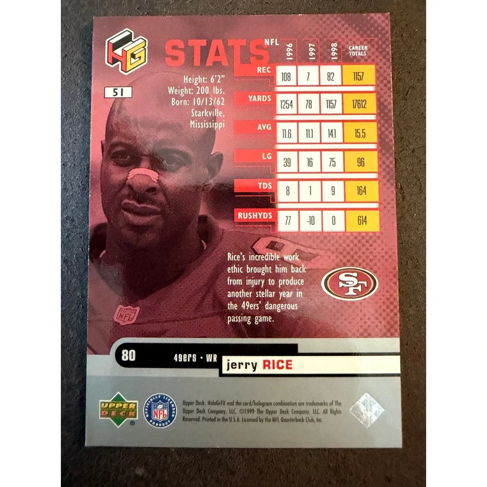 1999 Upper Deck HoloGrFX Jerry Rice 51 San Francisco 49ers WR Football Card